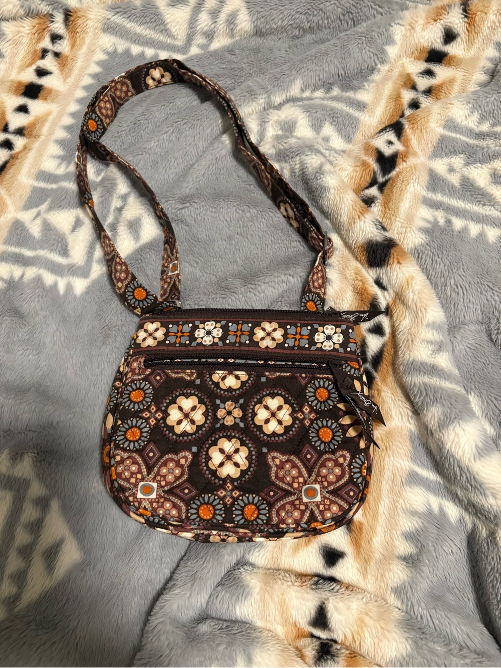 Vera Bradley Brown Floral Quilted Crossbody with Orange Accents